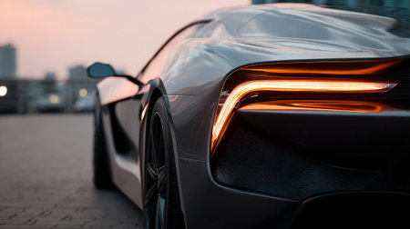 Sleek and modern futuristic car at sunset with glowing taillights design.の素材