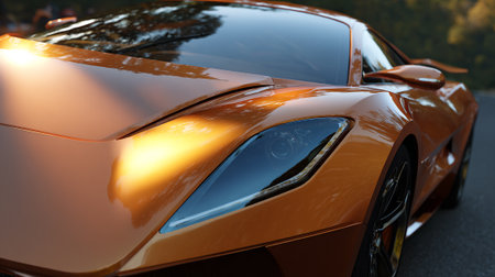 Sleek orange  car detail showcasing headlight and reflective body paint.の素材