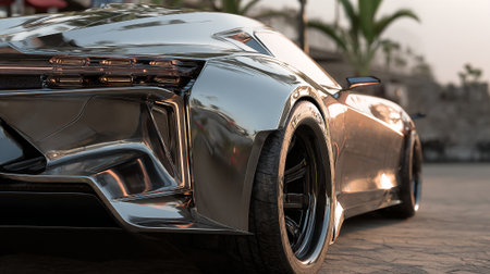 Sleek Silver  Car: A Stunning Rear View Under the Warm Sunlightの素材