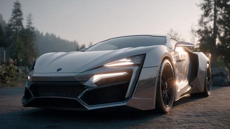 Sleek Grey  Vehicle Gleaming Under Sunlight On Mountain Roadの素材