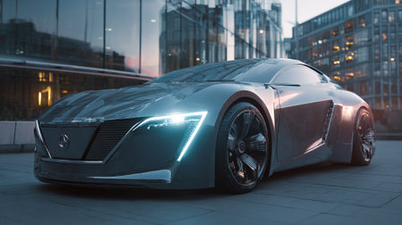 Futuristic Automotive Concept: Sleek Electric Vehicle Posed Against Modern Urban Landscapeの素材