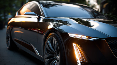 Sleek and futuristic black car detail with shining golden headlight featureの素材
