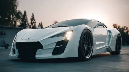 Sleek White  Car with Black Wheels and Bright Headlights at Sunset.の素材