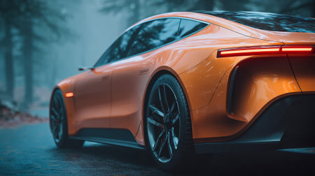 Sleek Orange Automotive: A Futuristic Vehicle Design Poised in Nature's Embraceの素材