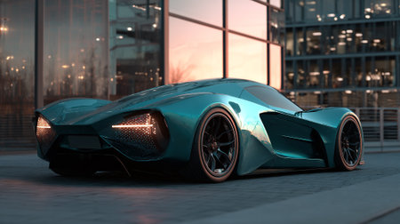 Sleek teal  car parked in front of a modern glass building.の素材