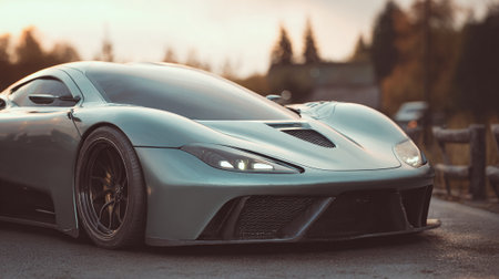 Sleek teal supercar shines with elegant design on a country road at sunset.の素材