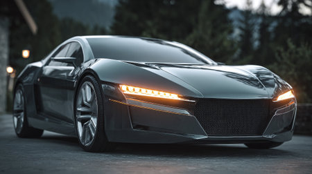 Sleek Gray  Car with Glowing Headlights in a Natural Environmentの素材