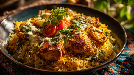 Exquisite Chicken Biryani Dish with Fresh Herbs and Creamy Sauce Served Freshの素材
