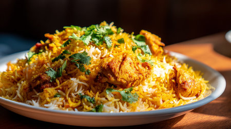 Delicious Chicken Biryani: An Exquisite Indian Dish Served on White Plateの素材