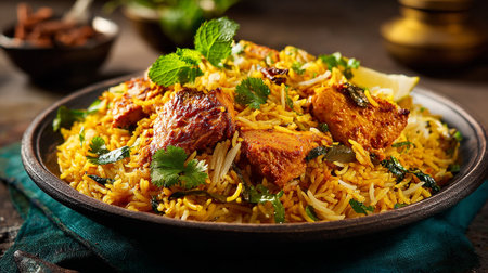 Delicious Chicken Biryani Presentation: Aromatic Rice with Spices and Fresh Herbsの素材