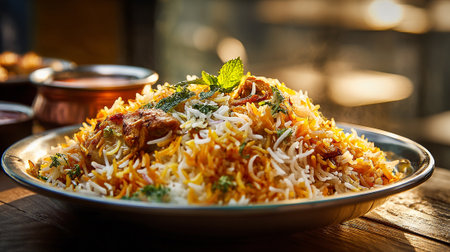Delicious Chicken Biryani Dish Served on a Wooden Table, Ready to Eatの素材
