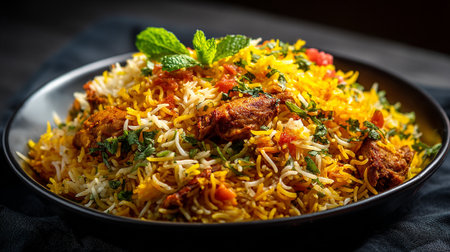 Delicious Chicken Biryani Served on a Black Plate Garnished with Mintの素材