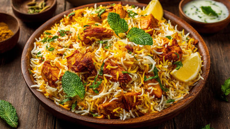 Delicious chicken biryani served in a wooden bowl for a tasteful experienceの素材