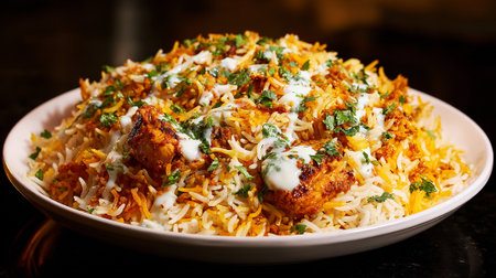 Delicious Chicken Biryani Dish with Herbs and Creamy Sauce on White Plateの素材