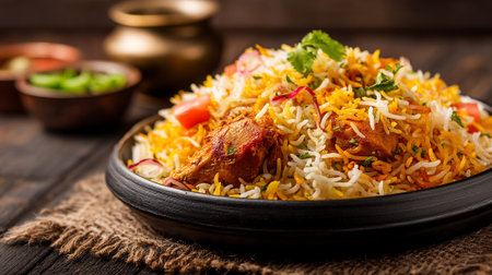 Delicious chicken biryani served on a rustic plate and wooden table.の素材