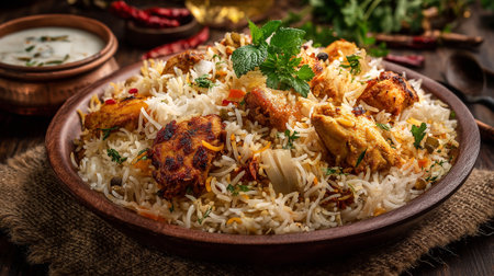 Delectable Chicken Biryani in an Elegant Wooden Bowl Ready to Enjoyの素材