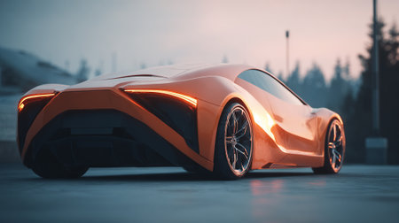 Sleek Orange Concept Car Exterior Design on Concrete Under Muted Winter Skiesの素材