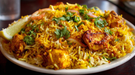 Delicious Chicken Biryani: Fragrant Rice Dish with Tender Chicken Pieces and Garnishの素材