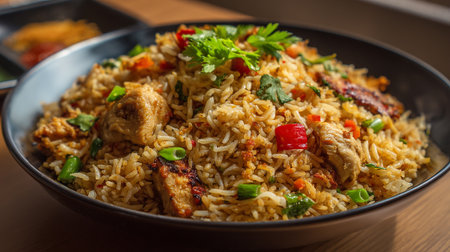 Delicious Chicken Fried Rice in a Black Bowl Served on a Tableの素材