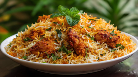 Authentic Chicken Biryani Dish Garnished with Fresh Mint Leaves on White Plateの素材