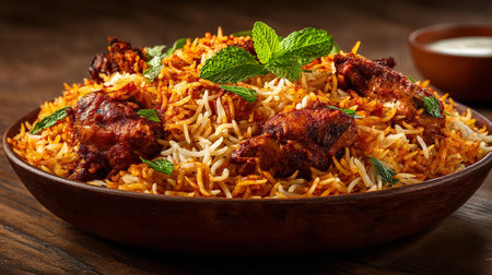 Delicious Chicken Biryani Served in Rustic Bowl with Fresh Mint Garnishの素材
