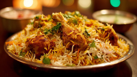 Delicious chicken biryani, a classic Indian dish, garnished with fresh coriander leavesの素材