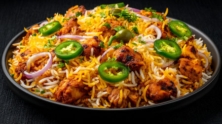 Delicious Chicken Biryani Garnished with Jalapenos and Onions, Served on Black Plateの素材