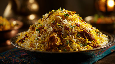 Delicious Chicken Biryani Dish Stacked High and Served in Silver Bowlの素材