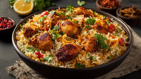Delicious chicken biryani garnished with cilantro and lemon served in a bowl.の素材