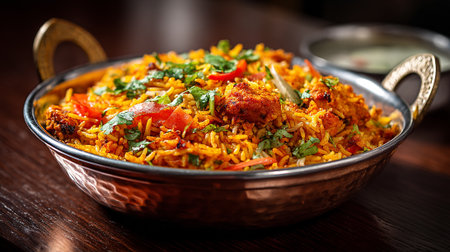 Delicious and Flavorful Chicken Biryani Served in an Authentic Copper Bowlの素材