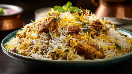 Delicious chicken biryani served in bowl, garnished with mint leaves on topの素材