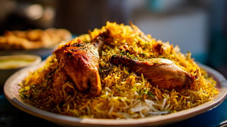 Delicious Chicken Biryani Platter: Aromatic Rice and Tender Meat Delightの素材