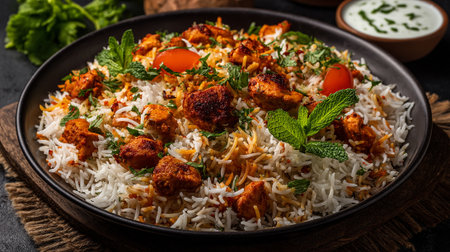 Delicious Chicken Biryani Dish Garnished with Mint and Tomatoes Close Upの素材