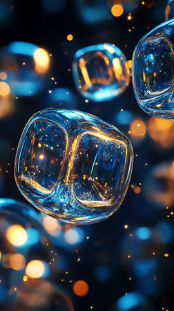 3D illustration of ice cubes with bokeh lights on background.の素材