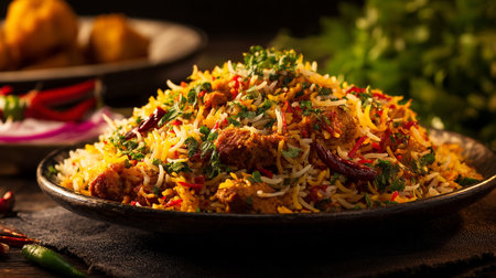 Delicious and Flavorful Chicken Biryani Served on a Rustic Black Plateの素材