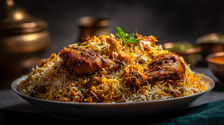 Authentic chicken biryani served on a white plate, a flavorful dishの素材