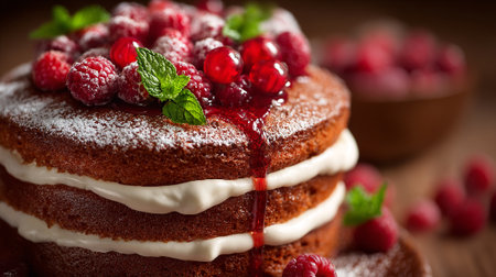 Decadent Raspberry Cake with Cream Cheese Frosting and Powdered Sugar Dustingの素材