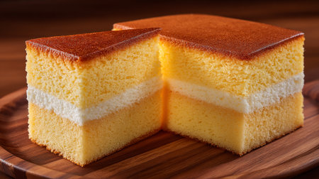 Delicious rectangular sponge cake pieces with a creamy layer served on woodの素材