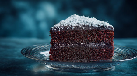 Decadent Chocolate Layer Cake Slice Garnished with Coconut on Glass Plateの素材
