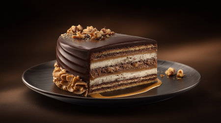 Decadent Chocolate Layer Cake Slice with Caramel and Walnut Toppingの素材