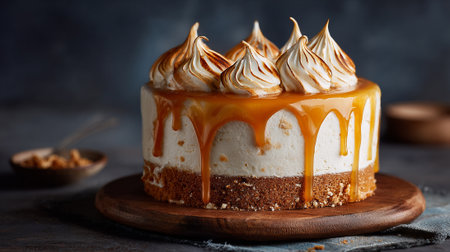 Delicious Caramel Cake with Meringue Topping on a Wooden Boardの素材