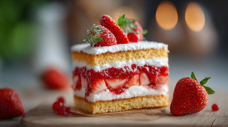 Delicious Strawberry Shortcake Slice with Fresh Berries, Cream, and Soft Spongeの素材