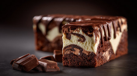Delectable chocolate brownie cheesecake slice with rich, glossy chocolate drizzleの素材