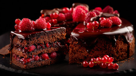Decadent chocolate cake with rich ganache and fresh berry arrangementの素材