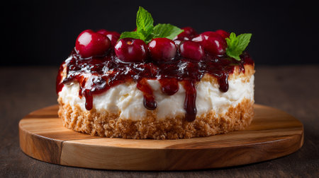 Tempting cherry cheesecake on a wooden board, with a dark background.の素材