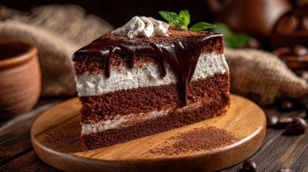 Decadent Chocolate Cake Slice with Cream and Ganache Indulgenceの素材