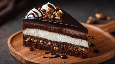 Decadent Chocolate Cake Slice with Creamy Layers on Rustic Wooden Boardの素材