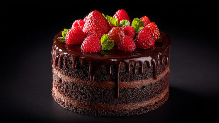 Decadent Chocolate Cake Adorned with Fresh Strawberries and Raspberries on Dark Backdropの素材