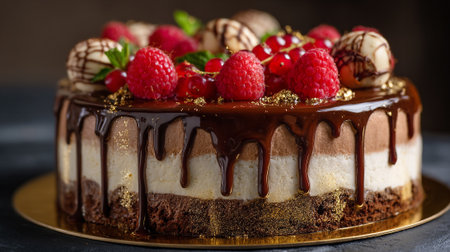 Decadent layered cake with chocolate drip, berries, and gilded accentsの素材