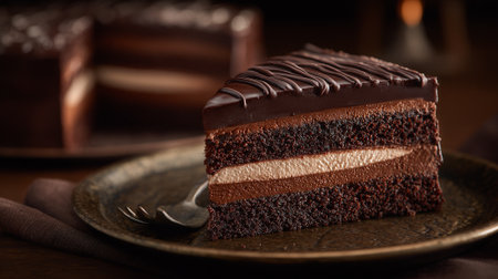 Decadent Chocolate Layer Cake Slice with Ganache on Rustic Plateの素材